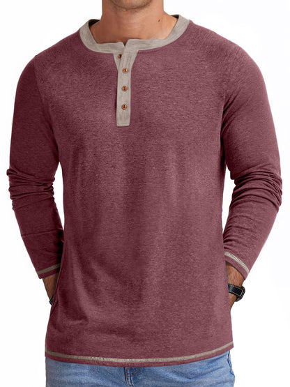 Crew Neck Henley Men Shirts Long Sleeve Shirts for Men Casual Color Block Tops