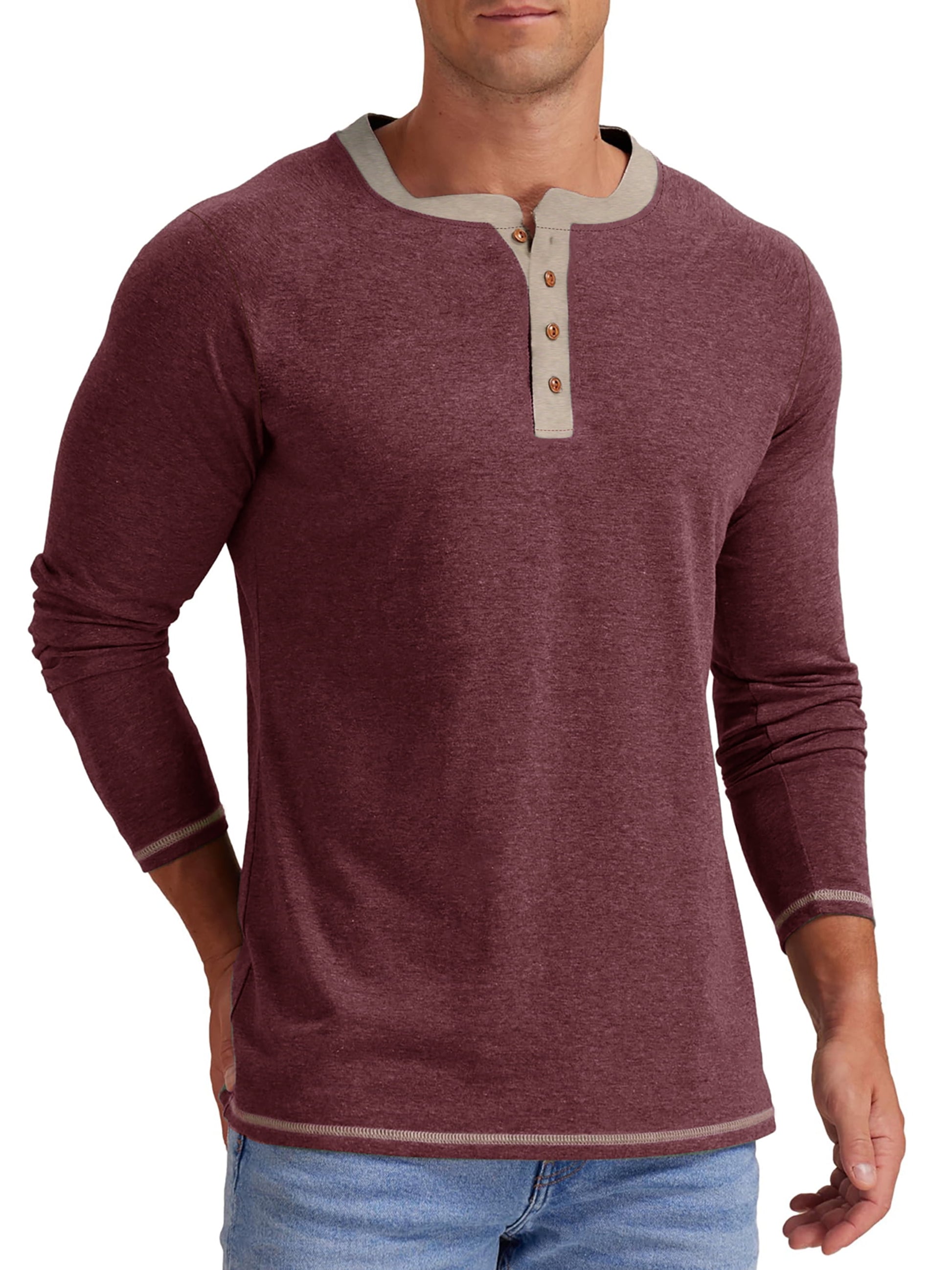 Crew Neck Henley Men Shirts Long Sleeve Shirts for Men Casual Color Block Tops